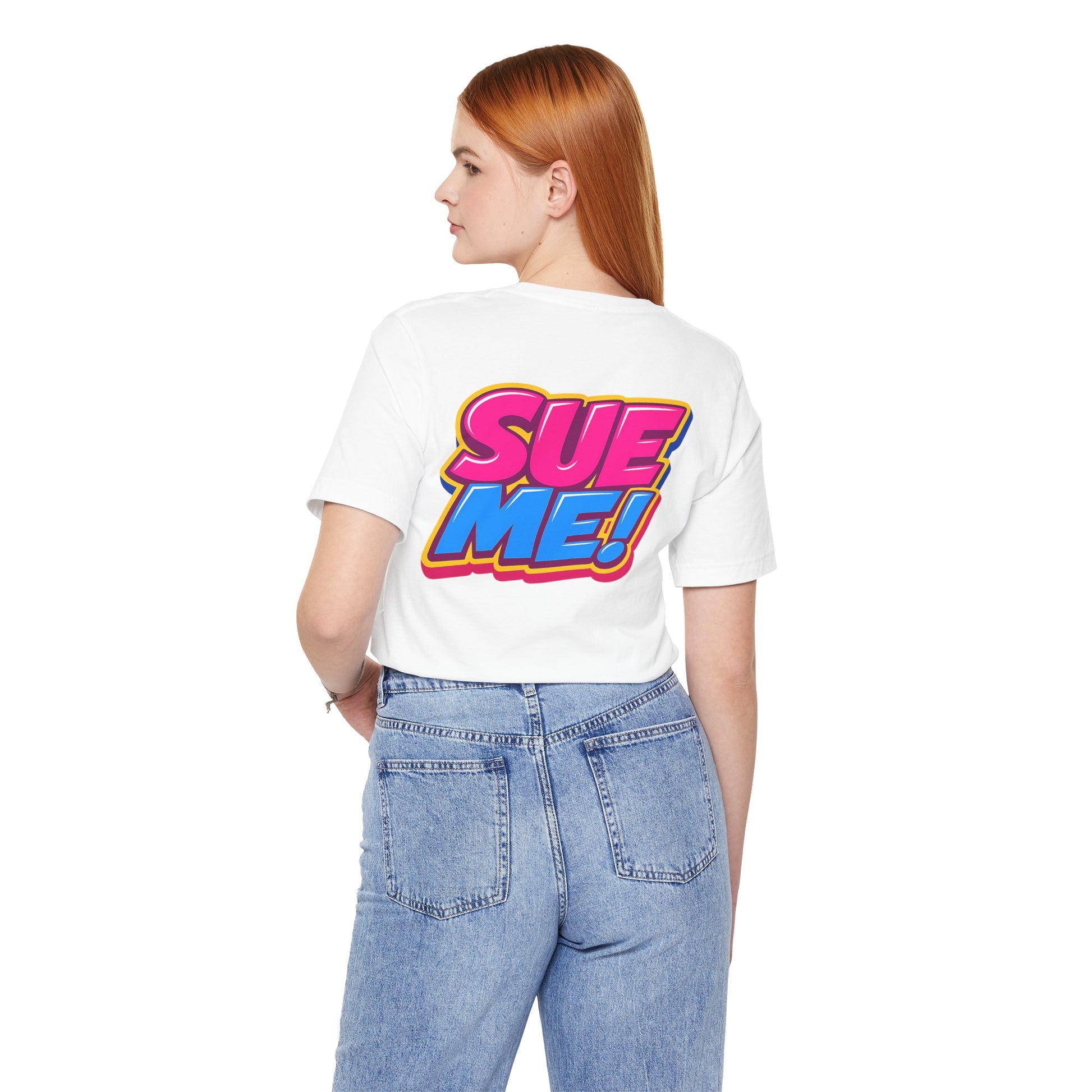 Female model wearing white SUE ME oversized back graphic T-shirt
