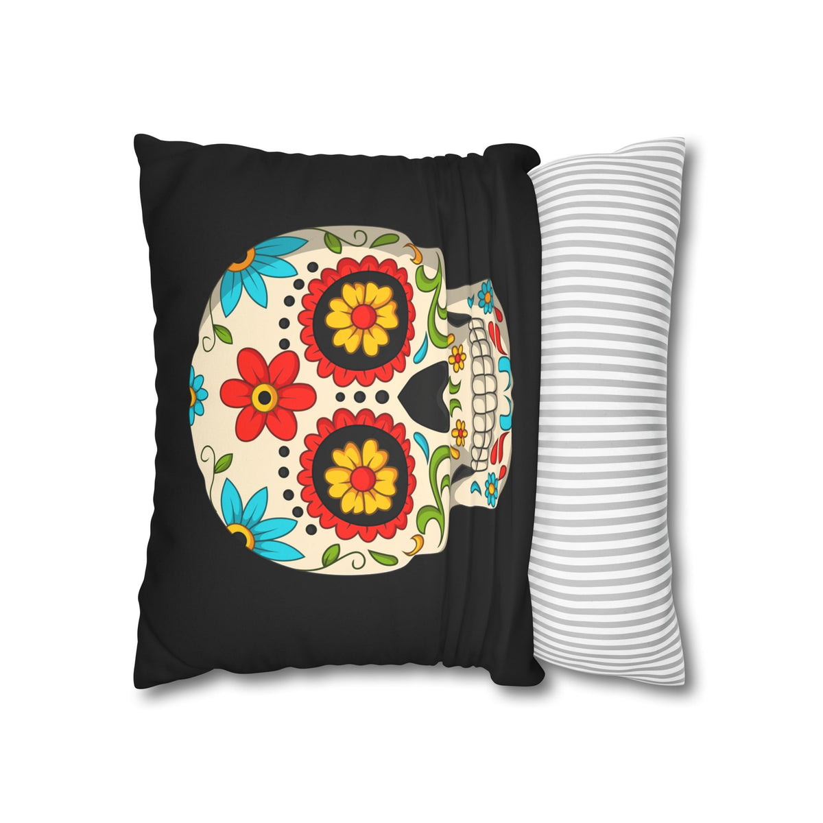 Double-sided black faux suede sugar skull pillow cover shown from front and side