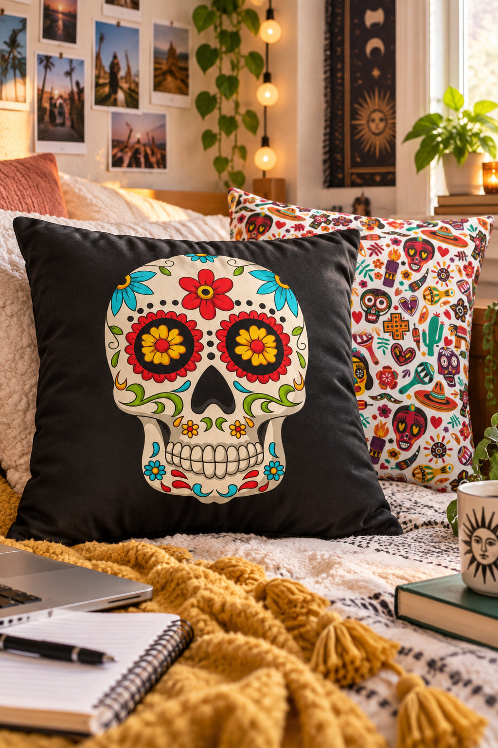 Close-up lifestyle image of a sugar skull faux suede pillow cover styled in a cozy college room scene with bedding, notebook, and warm decor