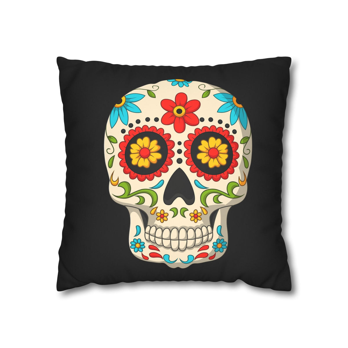 Front view of black faux suede throw pillow cover with colorful floral sugar skull artwork