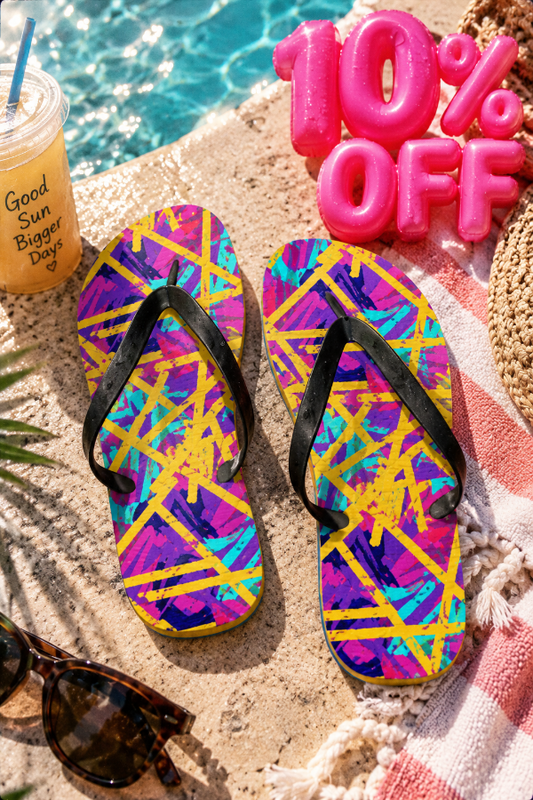 Summer Stuff Sale 10% off featuring abstract neon flip flops in a close-up poolside lifestyle scene with a disposable camera aesthetic