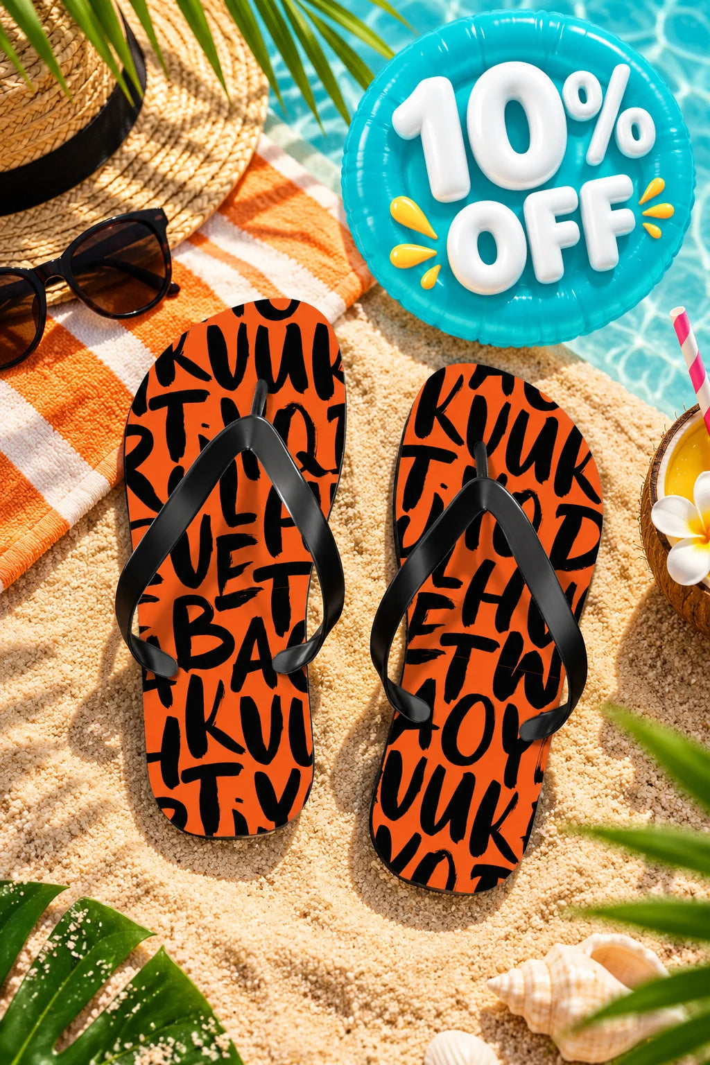Summer Stuff Sale 10% off featuring orange Alphabet City flip flops with black graffiti lettering in a sunny beach flat lay