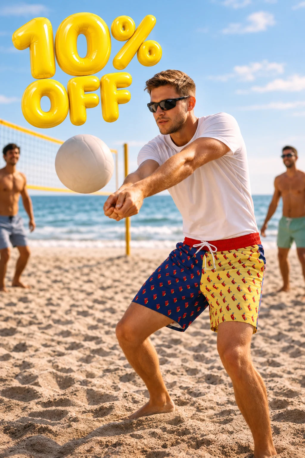 Summer Stuff Sale 10% off featuring colorful swim trunks during beach volleyball