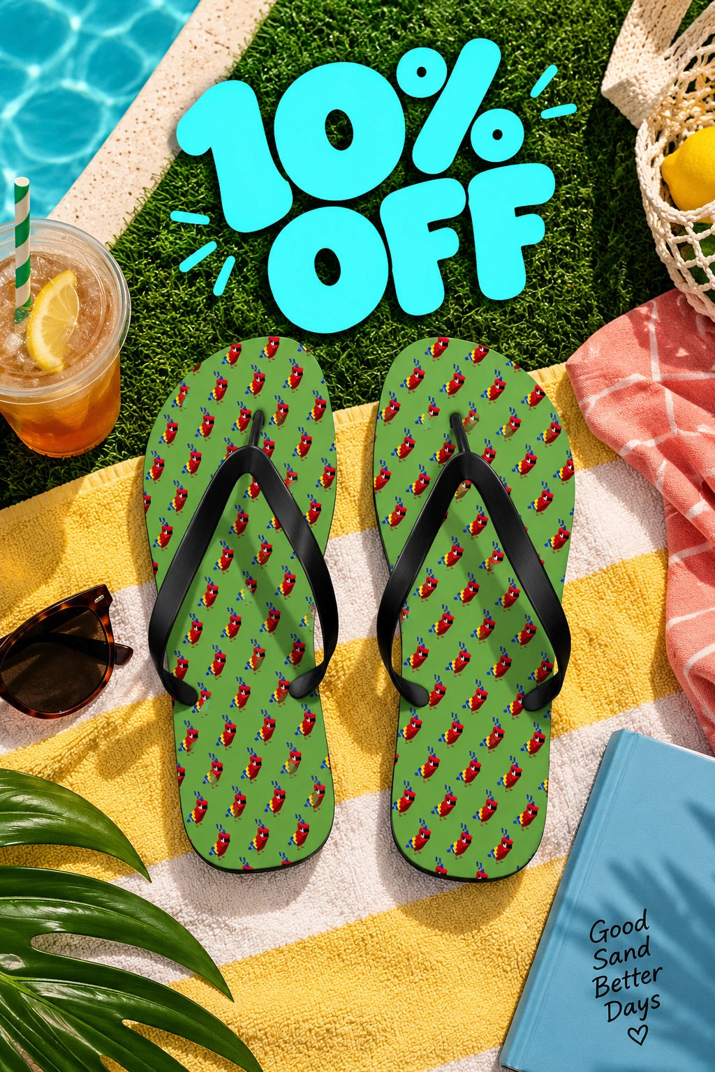 Summer Stuff Sale 10% off featuring green parrot print flip flops in a bright poolside flat lay with cyan inflatable sale lettering