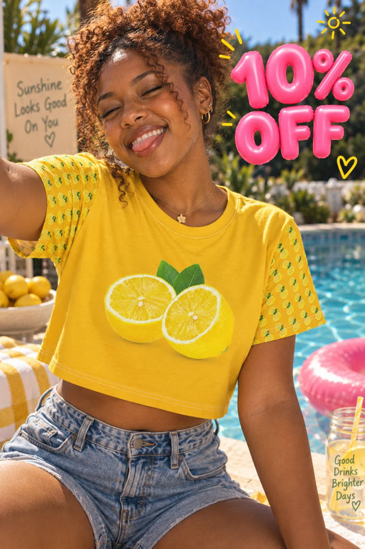 Summer Stuff Sale 10% off featuring yellow lemon crop top in a casual poolside lifestyle scene