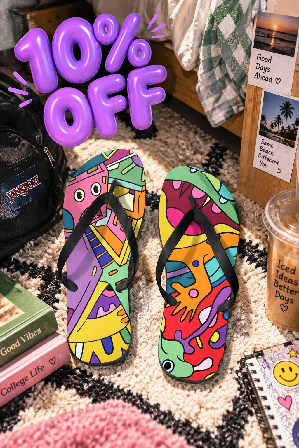 Summer Stuff Sale 10% off featuring L.E.S. flip flops in a colorful college dorm lifestyle scene with purple inflatable sale lettering