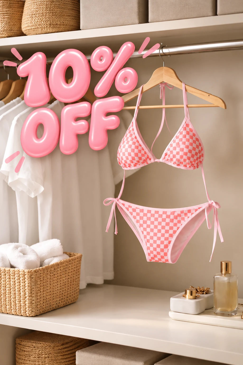 Summer Stuff Sale 10% off featuring pink checker bikini in a bright closet display