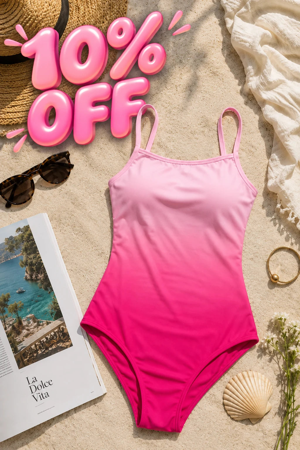 Summer Stuff Sale 10% off featuring pink ombre one-piece swimsuit in a beach flat lay