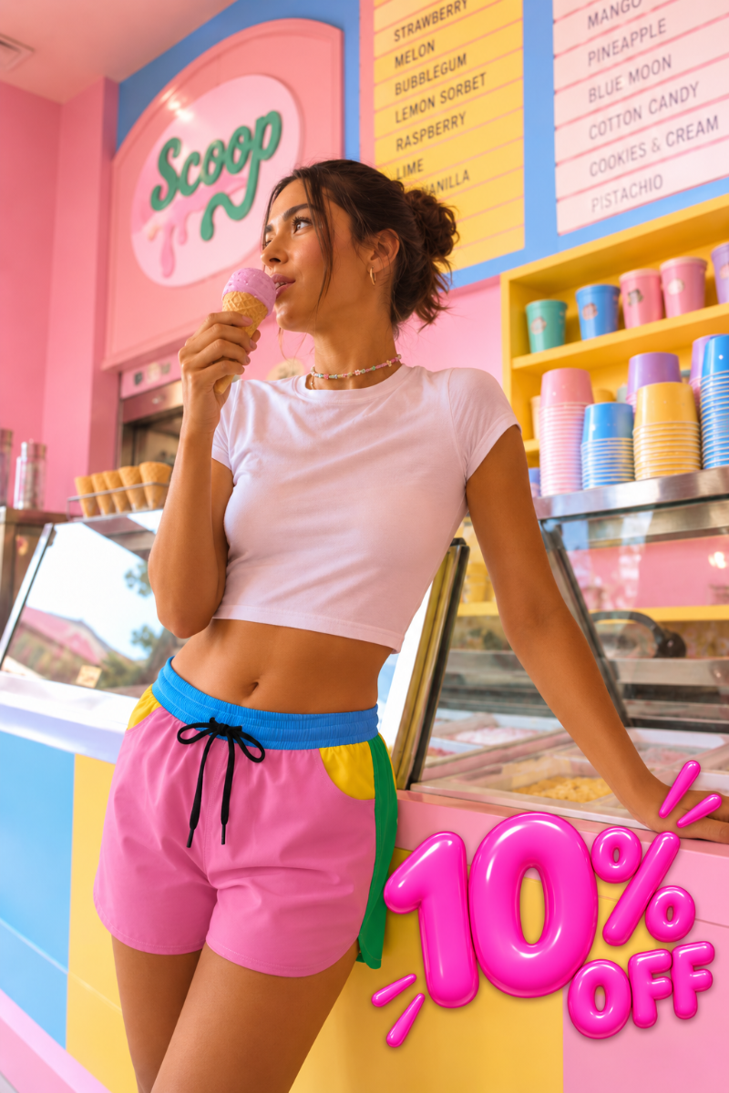 Summer Stuff Sale 10% off featuring pink summer shorts in colorful ice cream shop
