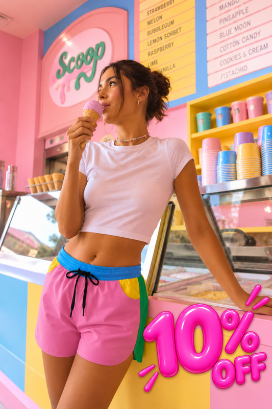 Summer Stuff Sale 10% off featuring pink summer shorts in colorful ice cream shop