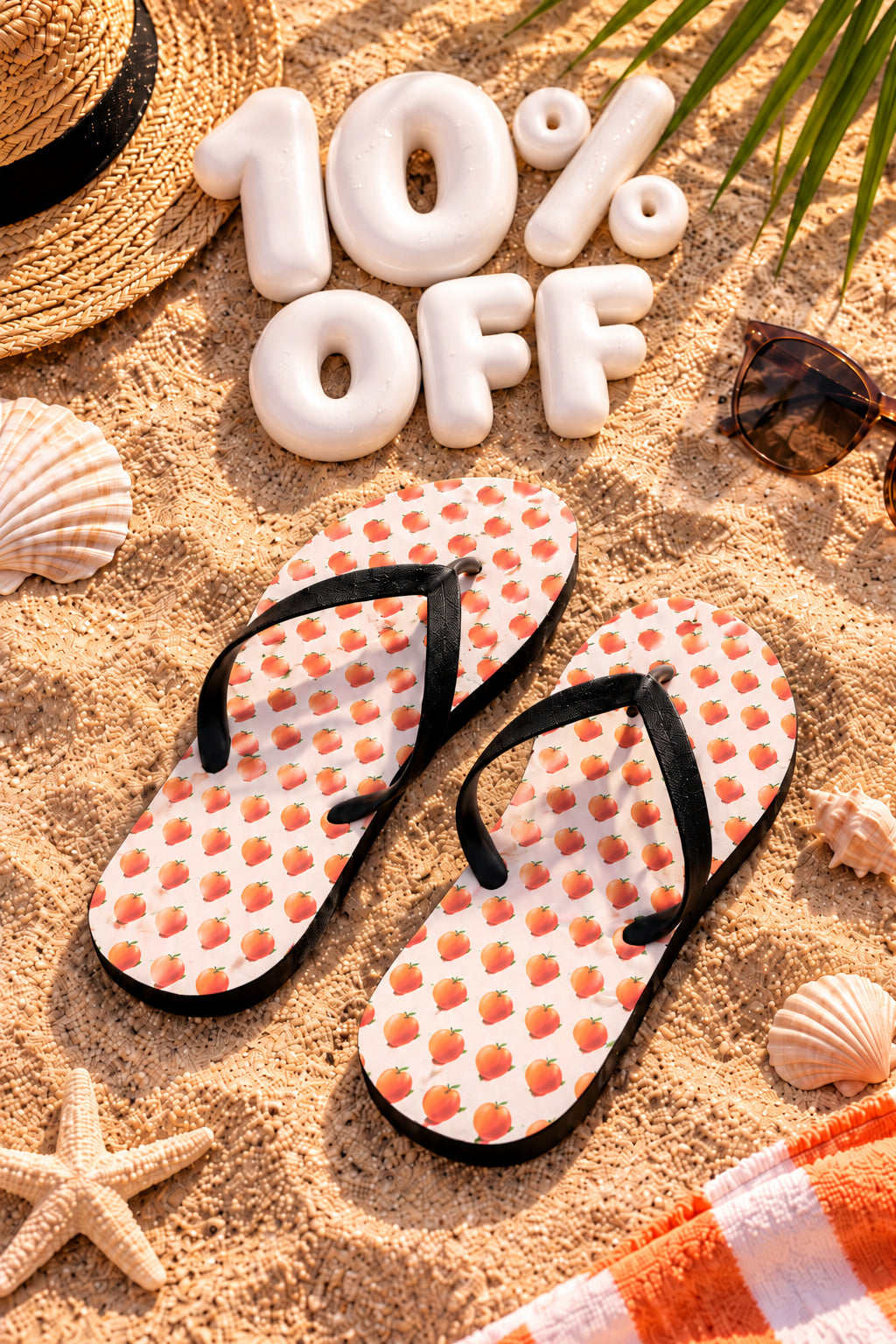 Summer Stuff Sale 10% off featuring peach print flip flops in a sunny editorial beach flat lay