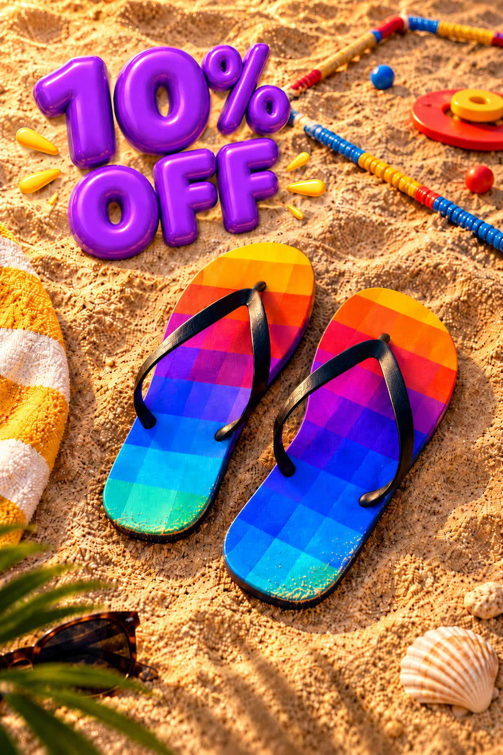 Summer Stuff Sale 10% off featuring colorful rainbow flip flops in a vibrant cinematic beach flat lay