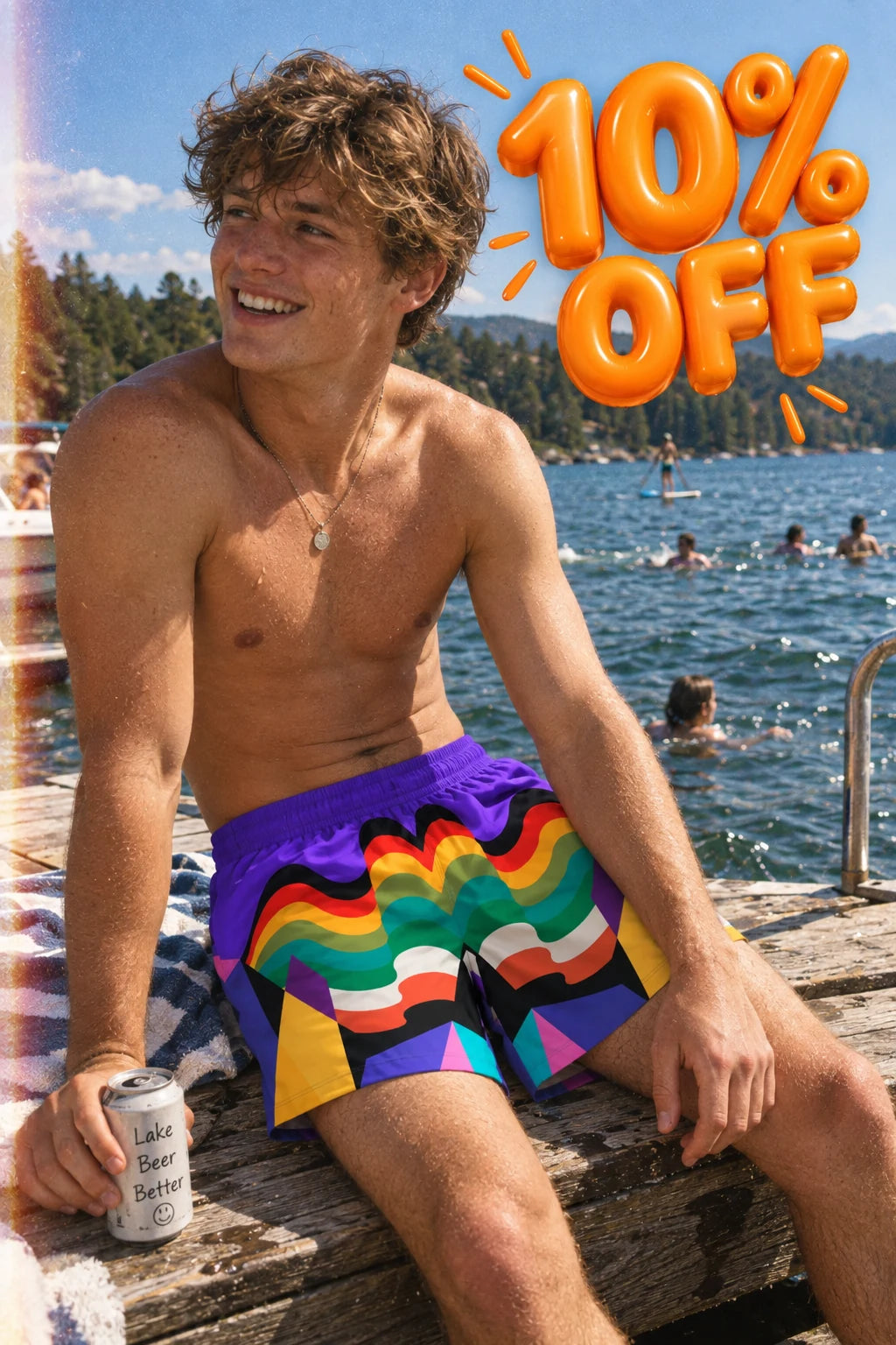 Summer Stuff Sale 10% off featuring rainbow wave swim shorts on a young man in a casual lakeside summer scene