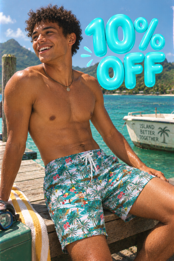 Summer Stuff Sale 10% off featuring tropical palm print swim trunks in a relaxed dockside summer scene