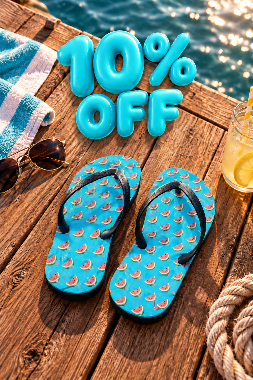 Summer Stuff Sale 10% off featuring turquoise watermelon print flip flops in a sunny dockside flat lay