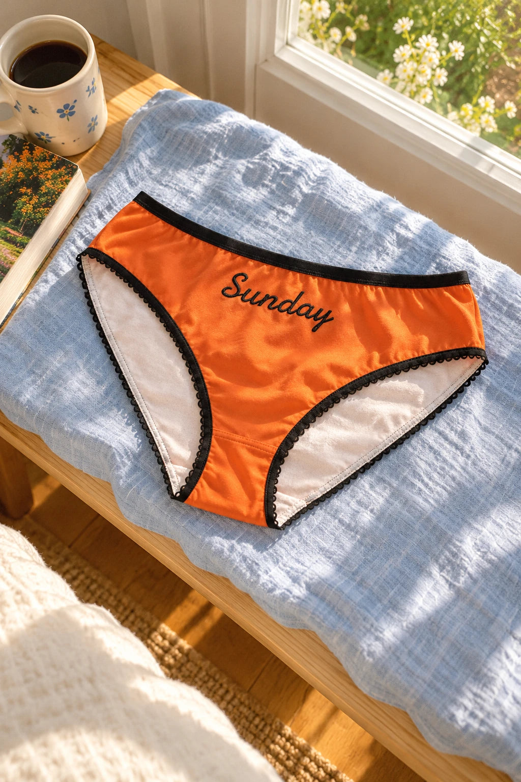 Tantrum Media Sunday Panty in orange with black script and trim, resting on blue linen beside a coffee cup and sunlit window.