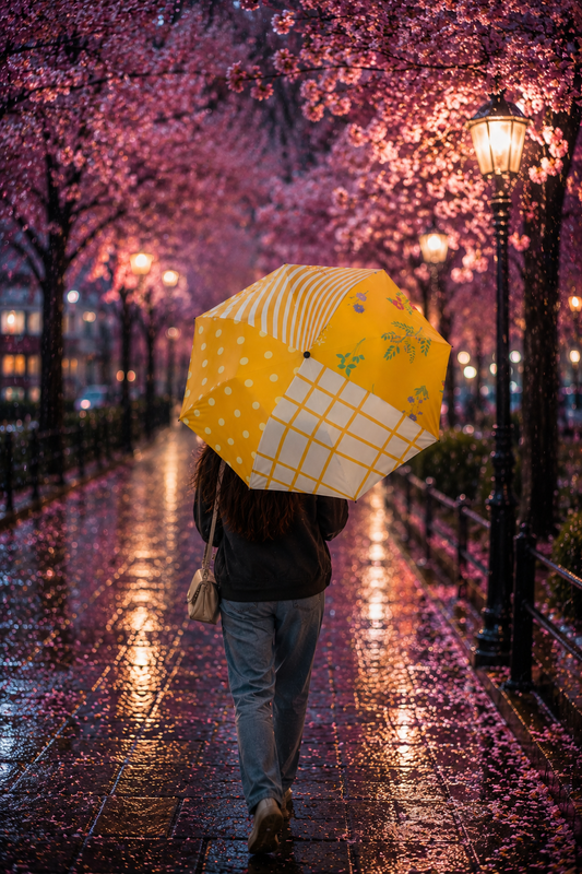 Person walking under the Sunny Side Patchwork umbrella on a cinematic rainy street lined with pink cherry blossom trees