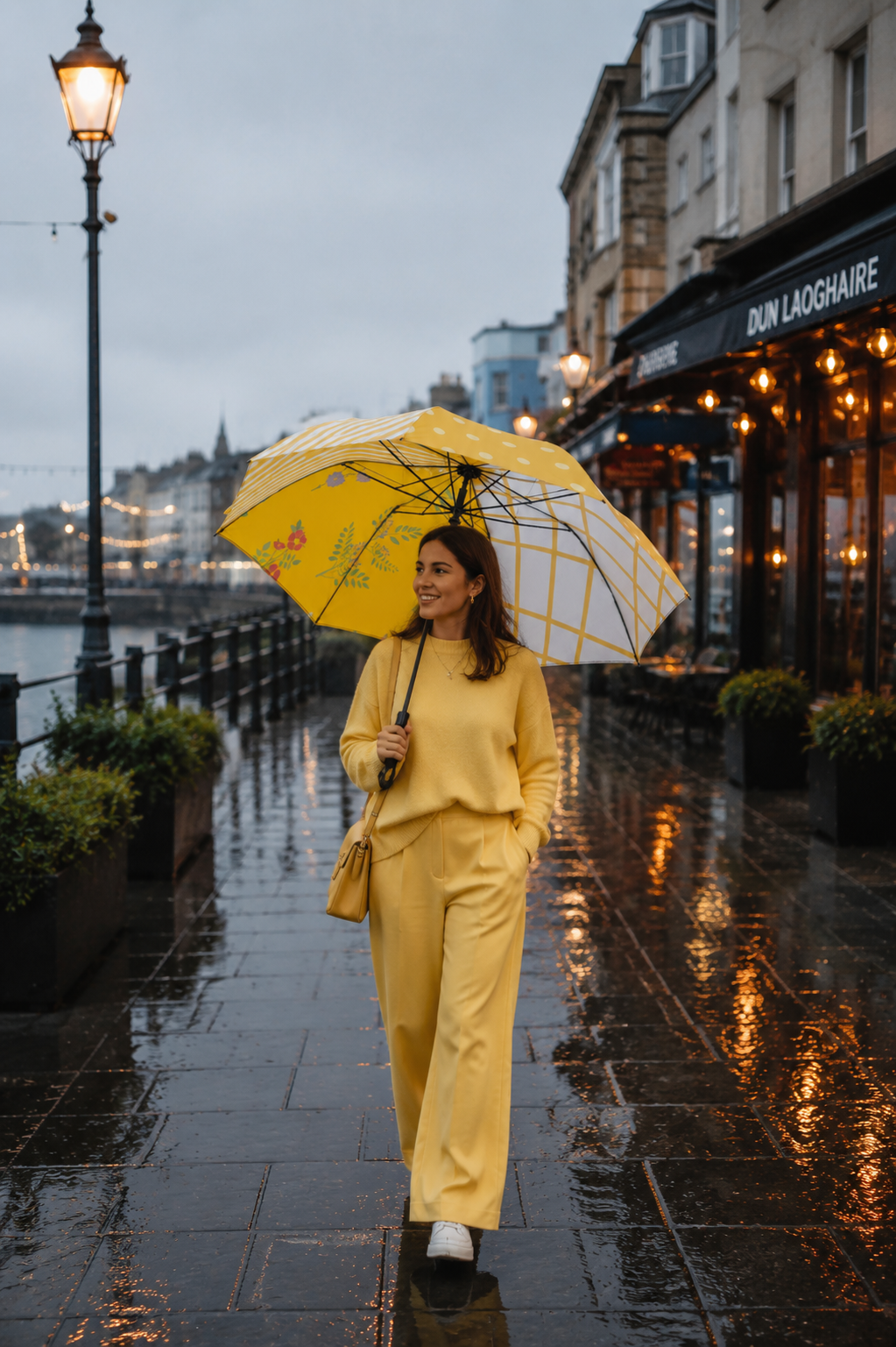 Young woman carrying Sunny Side Patchwork umbrella while walking through a rainy city street