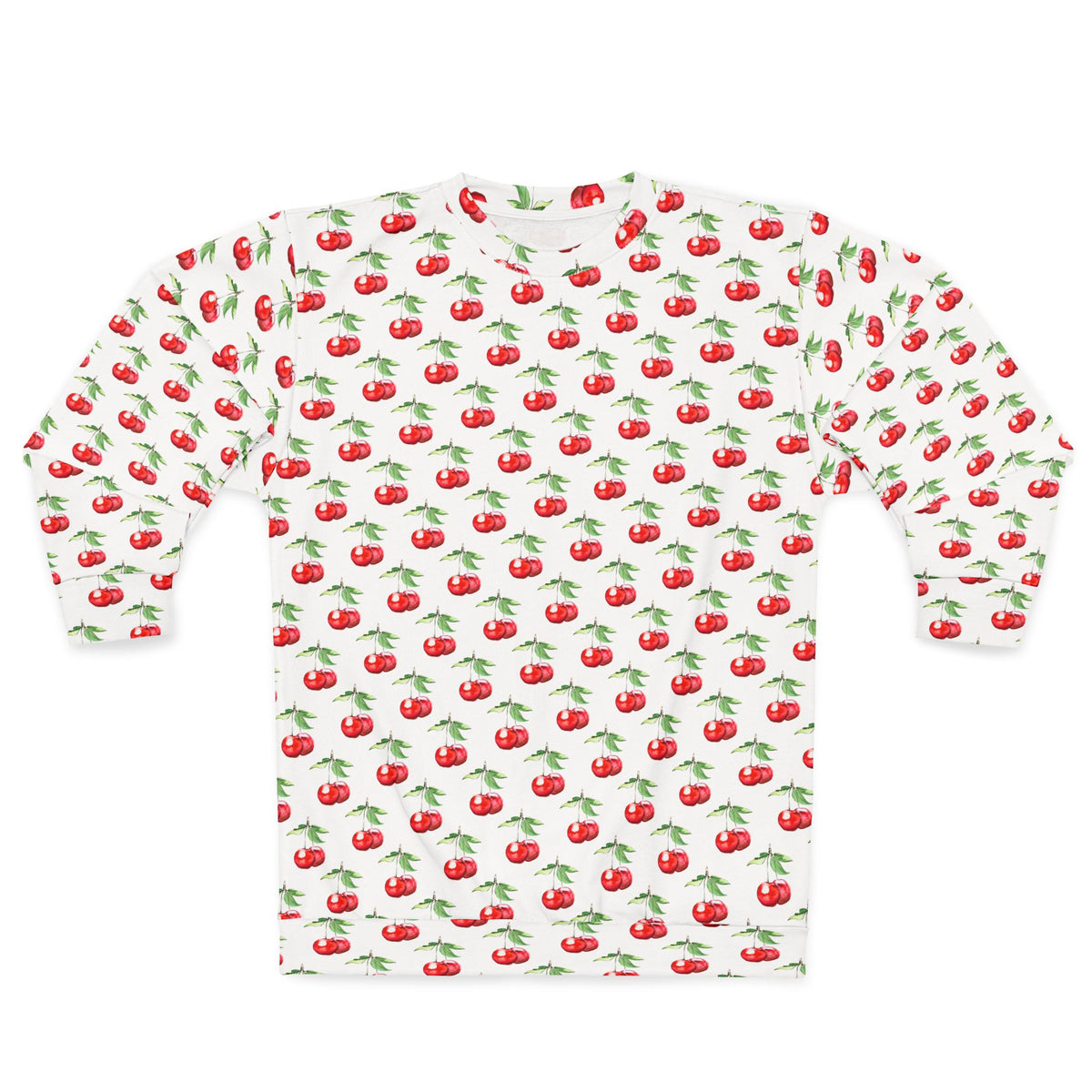 Flat lay of the Sweet Cherry Sweatshirt showing a full cherry pattern on a white background with long sleeves and relaxed fit.