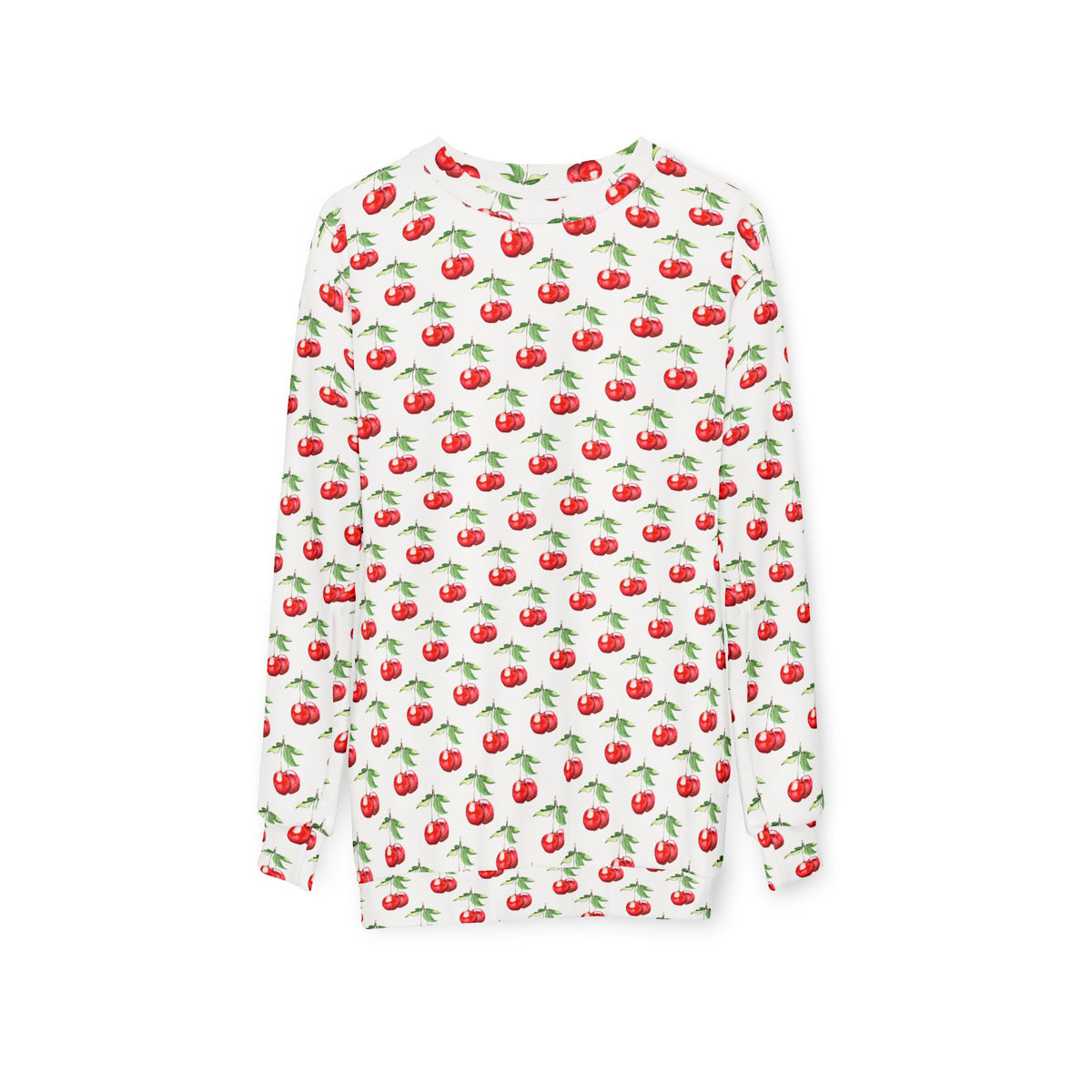 Back view of the cherry-print sweatshirt showing consistent pattern and classic crewneck shape.