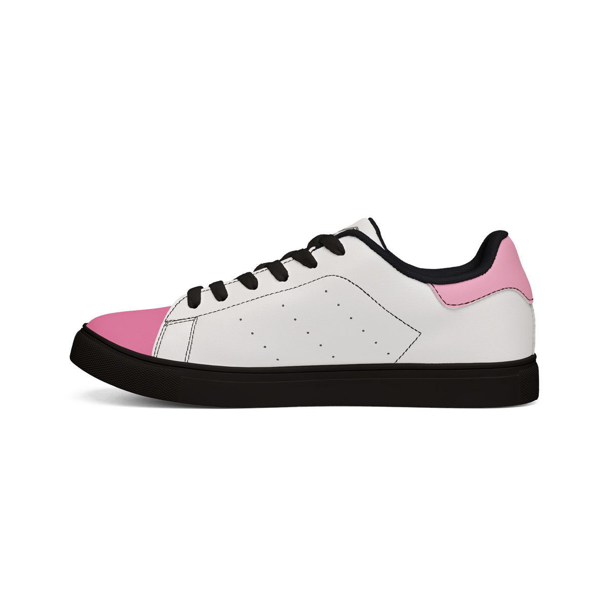 Tantrum 01 men’s low-top sneaker with black laces pink toe and white side profile