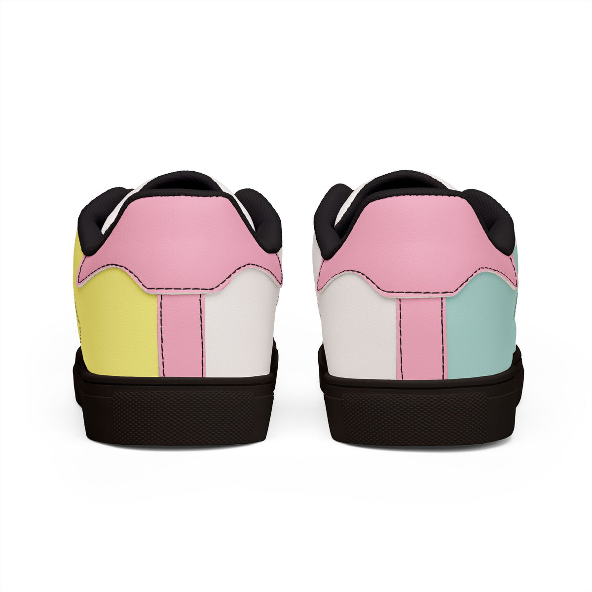 Rear view of Tantrum 01 men’s low-top sneakers with black trim and pink aqua yellow heel details