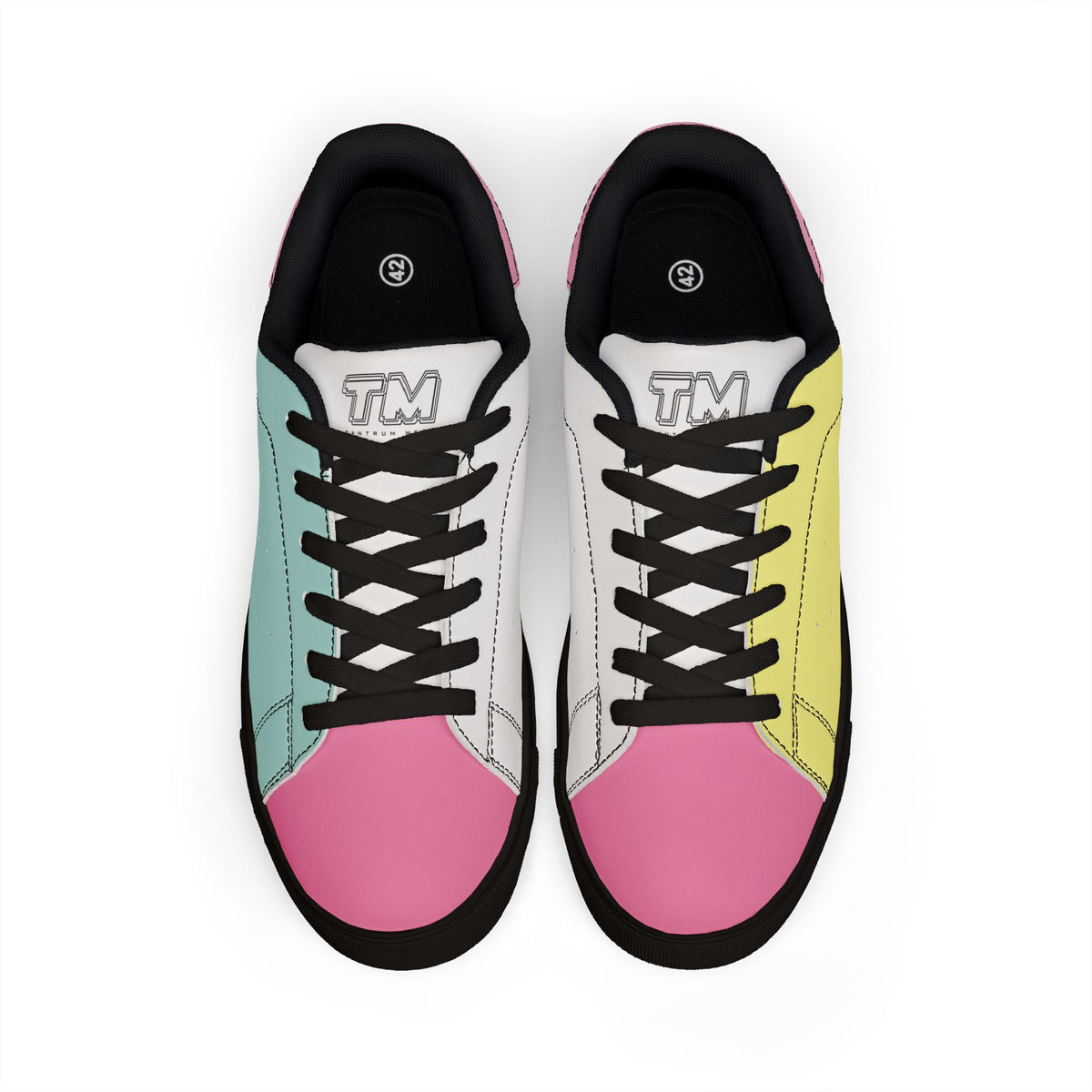 Top view of Tantrum 01 men’s low-top sneakers with black laces black trim and colorful panels