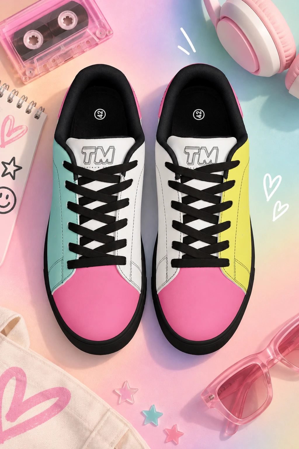 Tantrum 01 men’s low-top sneakers with black laces in pink aqua yellow and white editorial flat lay