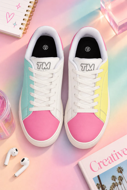 Tantrum 01 OG men’s mismatched low-top sneakers with white laces and pink aqua and yellow panels