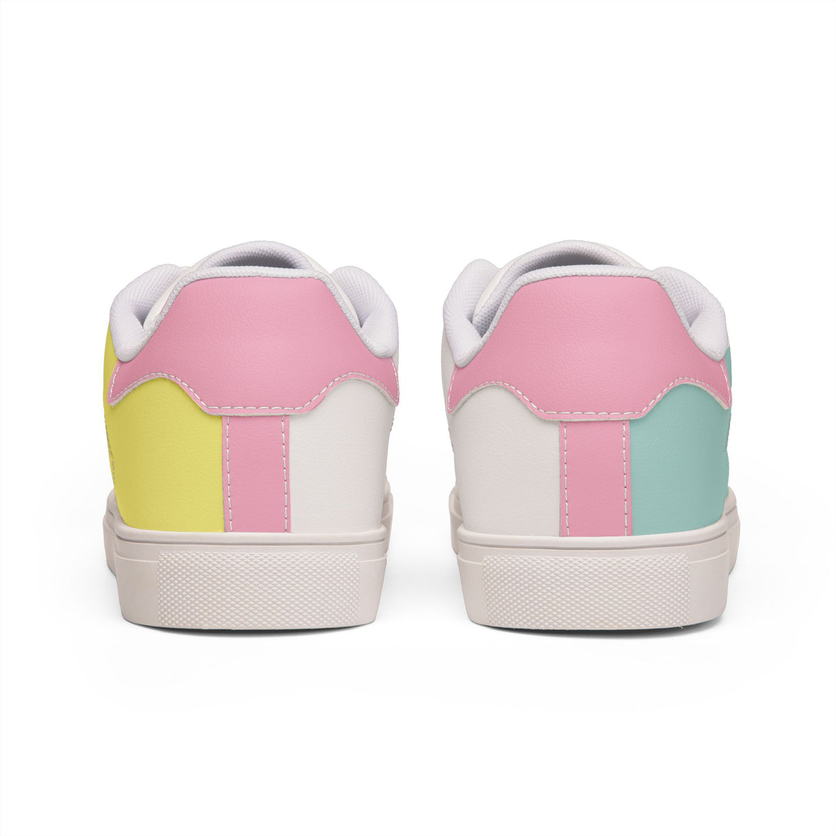 Rear view of Tantrum 01 men’s low-top sneakers with pink aqua and yellow heel details