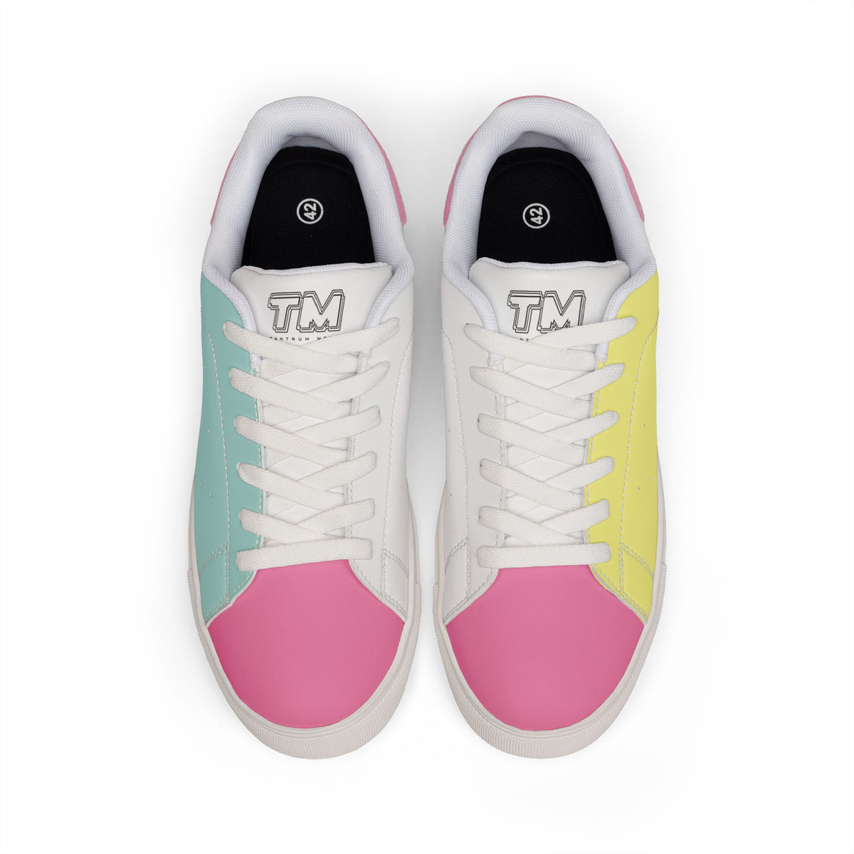 Top view of Tantrum 01 men’s low-top sneakers with white laces and pink aqua yellow panels