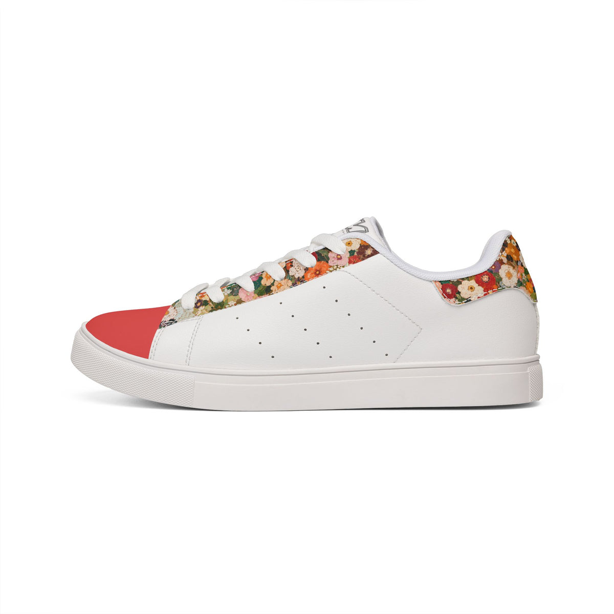 Left side view of Tantrum 02 floral women’s low-top leather sneaker with coral toe and fall floral trim