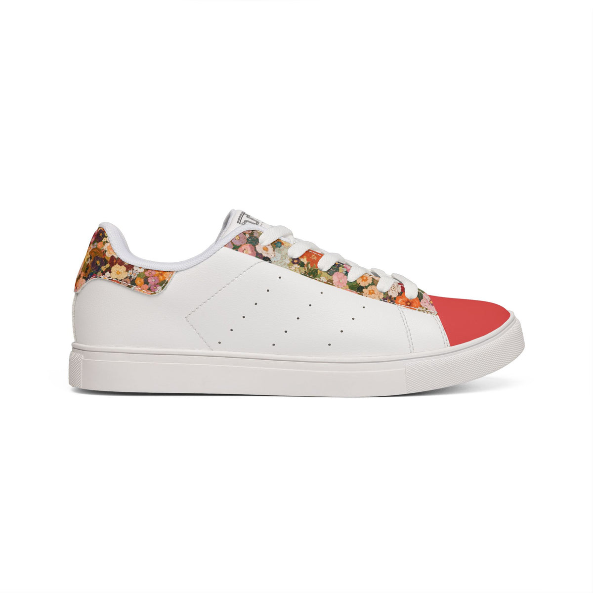 Opposite side view of Tantrum 02 floral women’s low-top leather sneaker with white upper and floral accents