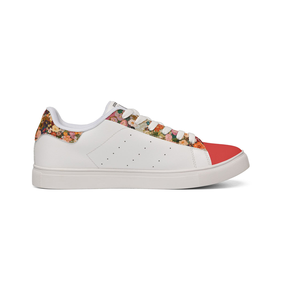 Right side view of Tantrum 02 floral women’s low-top leather sneaker with white sole coral toe and floral trim