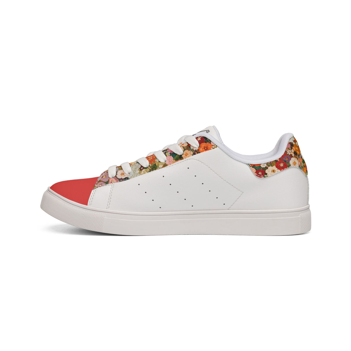 Side profile of Tantrum 02 floral women’s low-top leather sneaker featuring floral eyestay and coral toe