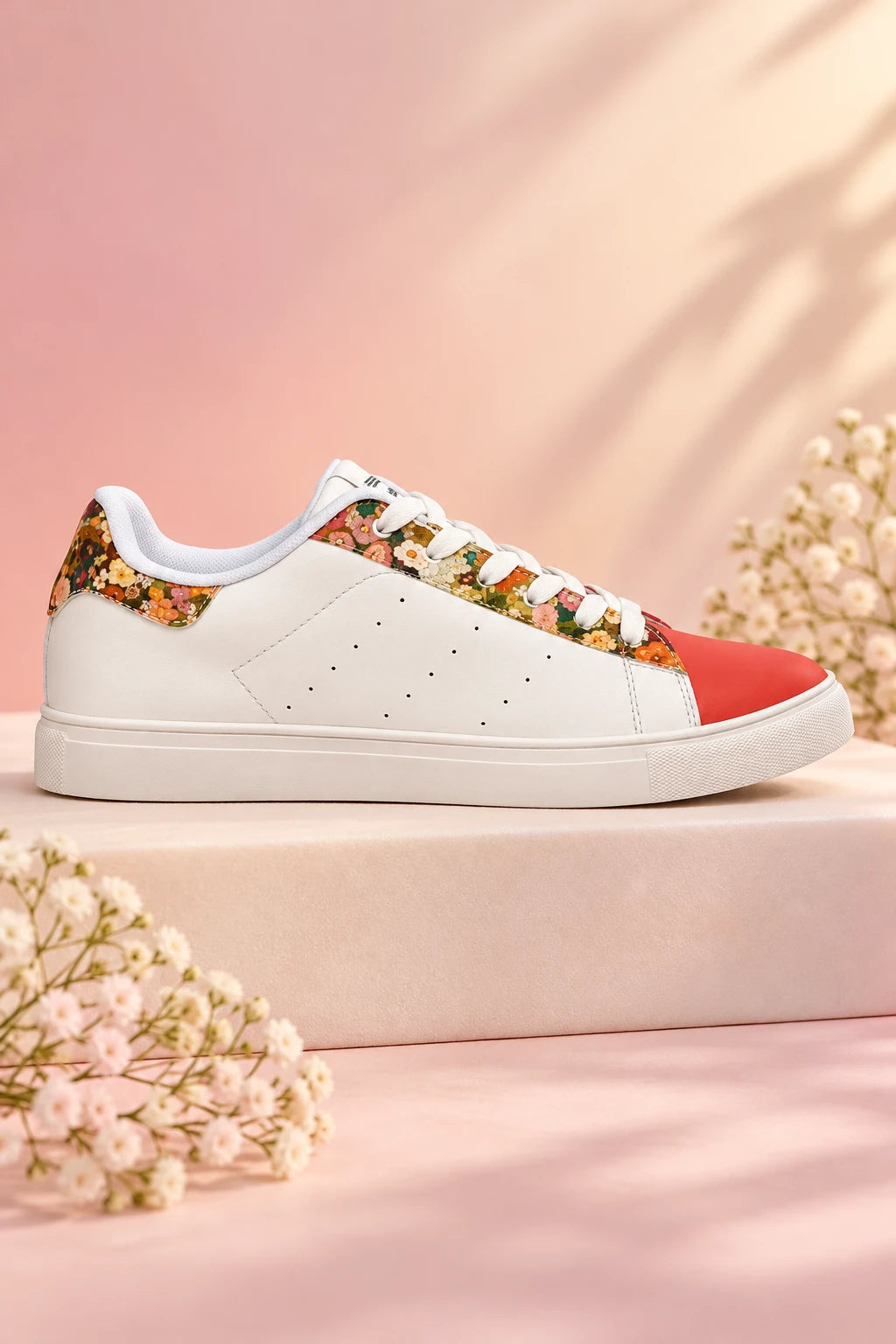 Tantrum 02 floral women’s low-top leather sneaker side view with white upper coral toe and floral trim
