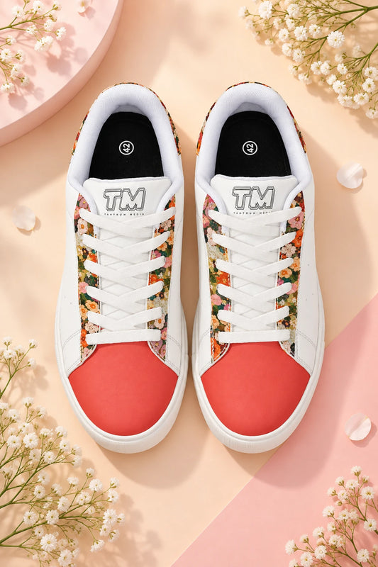 Tantrum 02 floral women’s low-top leather sneakers top view with coral toe and floral trim on pastel background