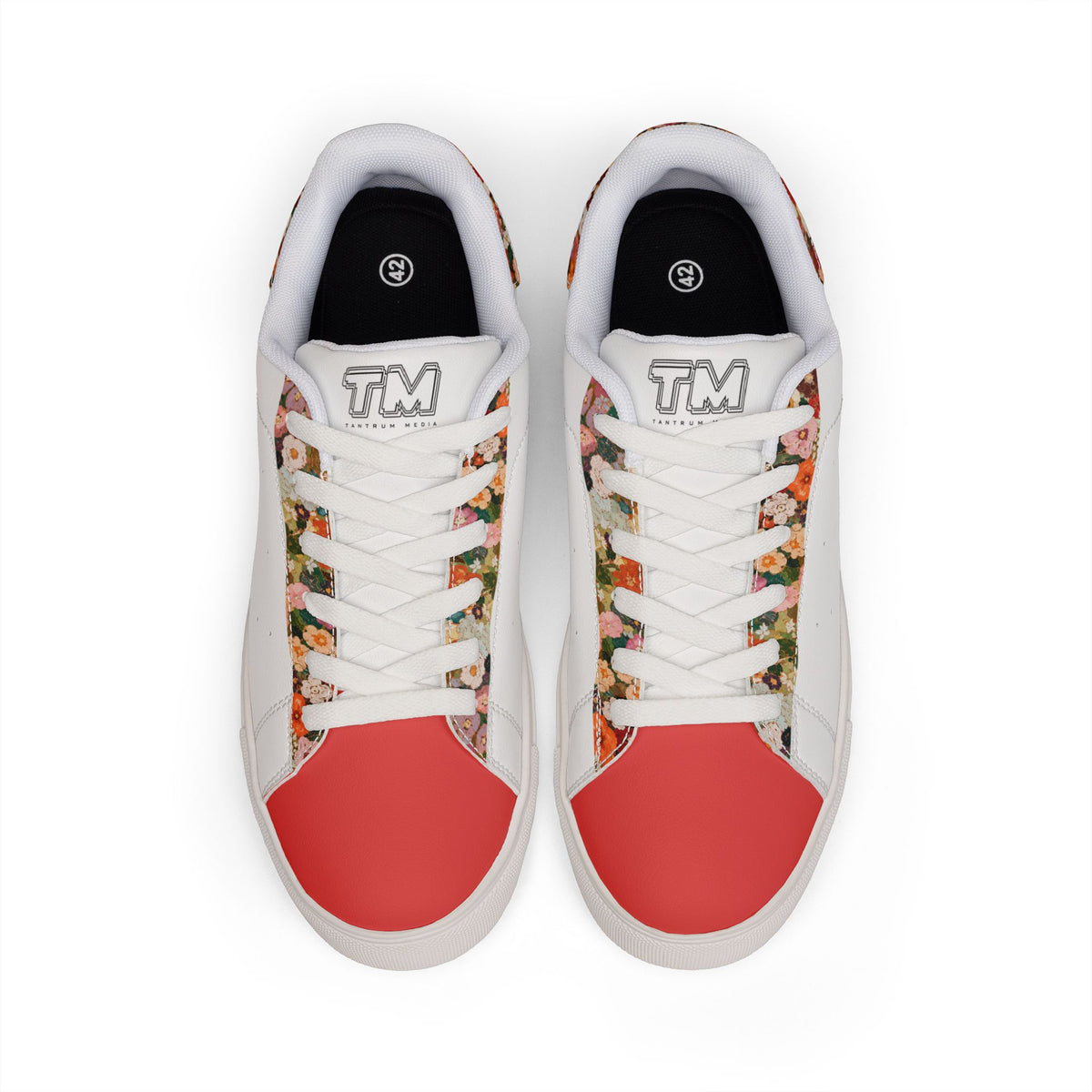 Top view of Tantrum 02 floral women’s low-top leather sneakers with white laces coral toe and floral panels