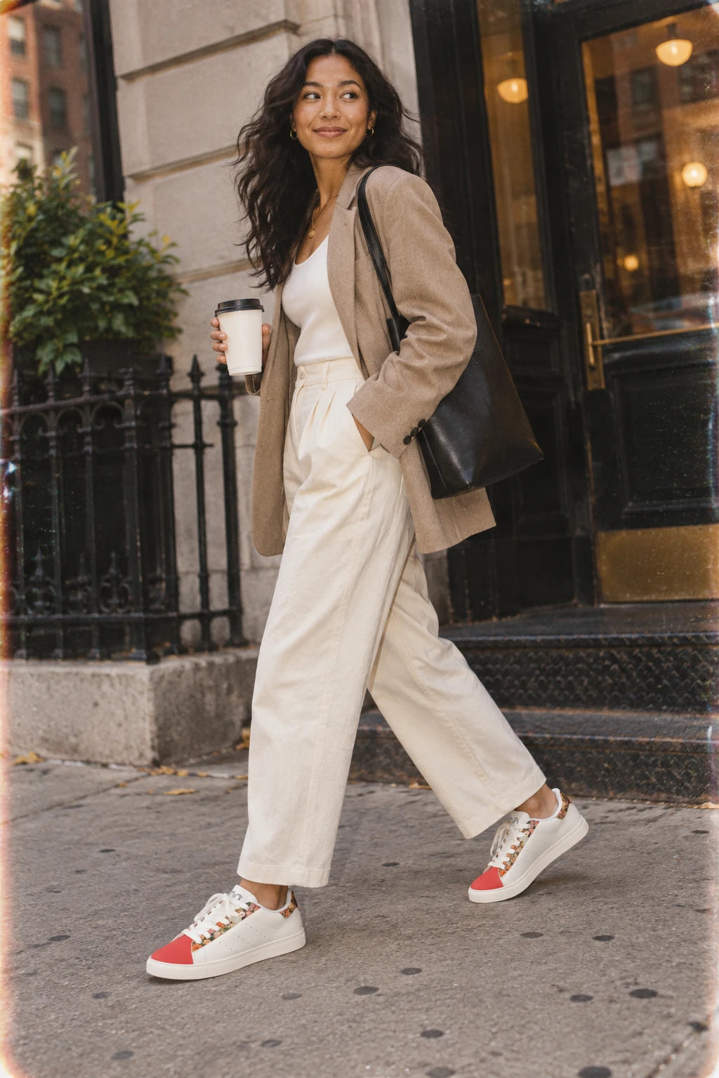 Millennial woman wearing Tantrum 02 floral women’s low-top leather sneakers with coral toe in the city