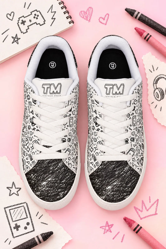 Tantrum 03 Scribbles men’s black and white doodle sneakers with white soles in pink art flat lay