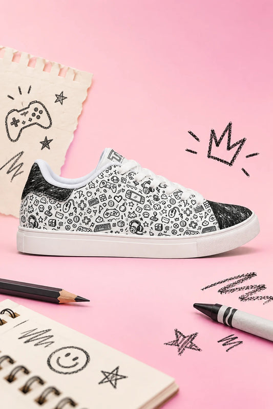 Side view of Tantrum 03 Scribbles men’s black and white doodle sneakers with white sole on pink background