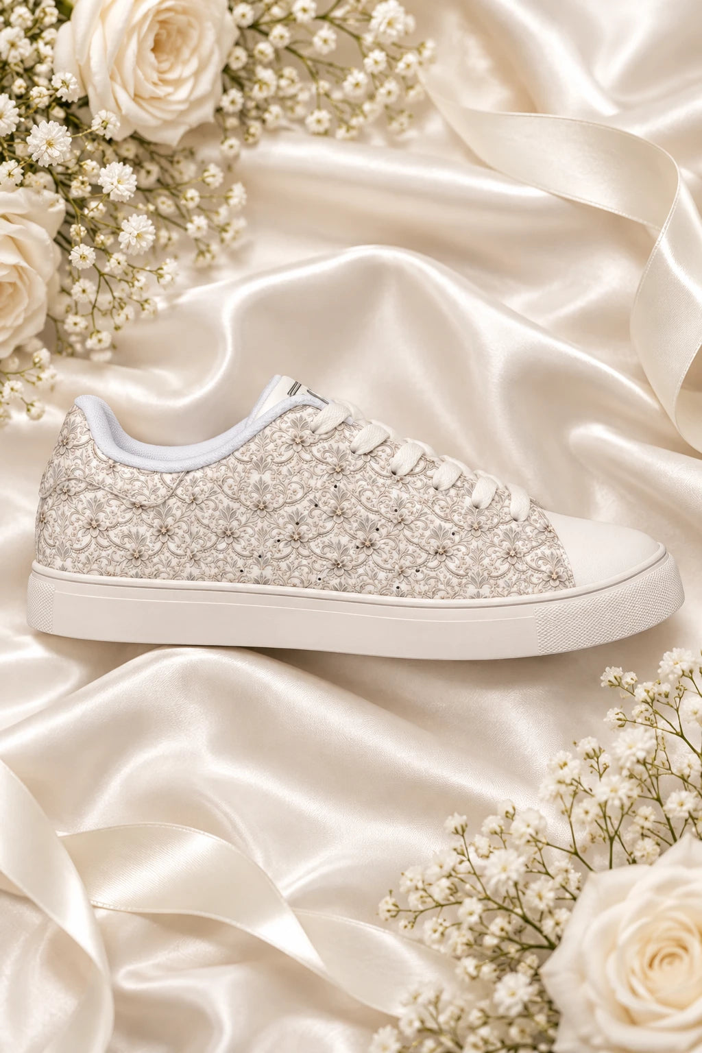 Side flat lay of Tantrum 04 women’s bridal lace wedding sneaker on ivory satin