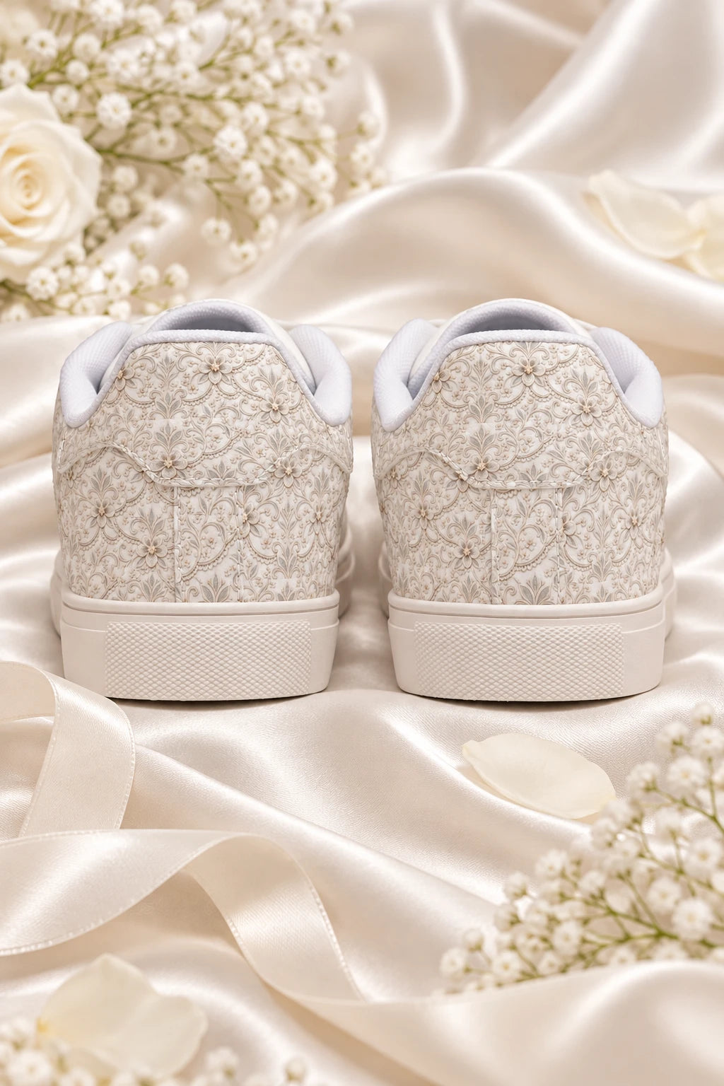 Back flat lay of Tantrum 04 women’s bridal lace wedding sneakers on ivory satin