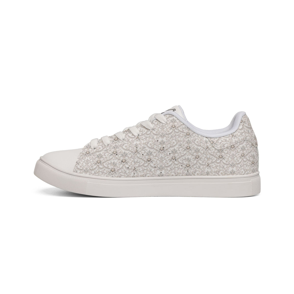 Side view of Tantrum 04 women’s white lace wedding sneaker with rubber sole