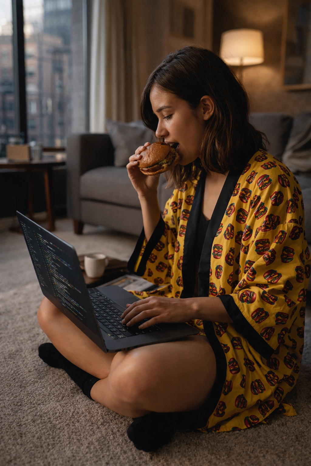 woman wearing burger print kimono robe sitting at home working on laptop and eating