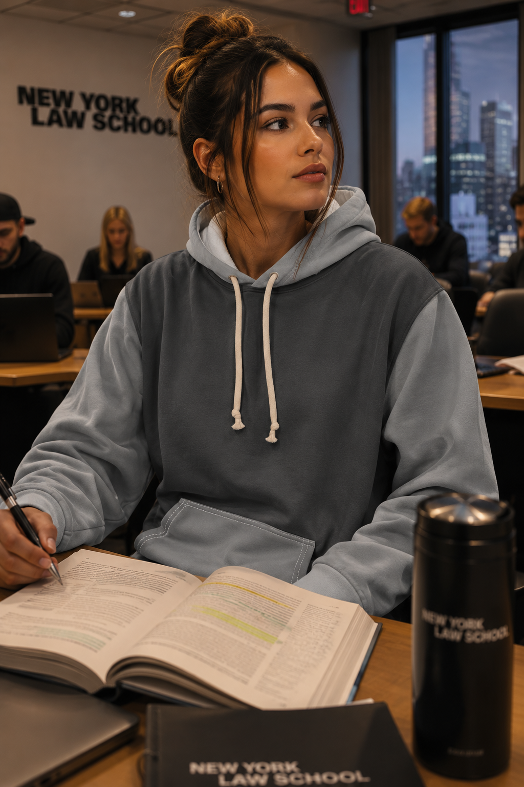 Gen Z woman wearing the Tantrum Media Charcoal & Light Gray Colorblock Unisex Hoodie while attending law school in New York City.