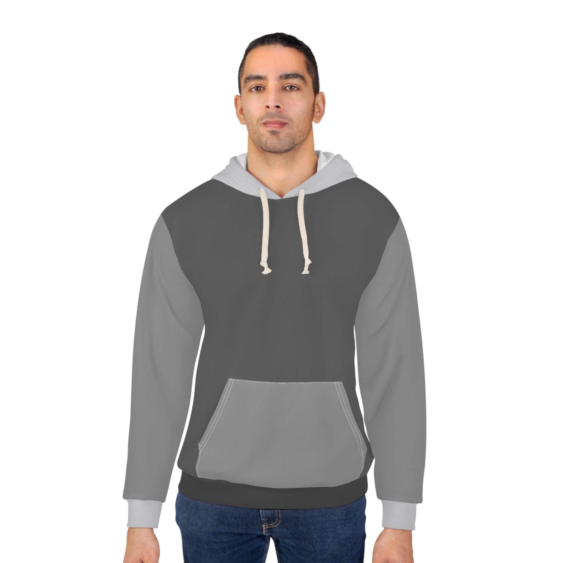 Male model wearing the Tantrum Media Charcoal & Light Gray Colorblock Unisex Hoodie.