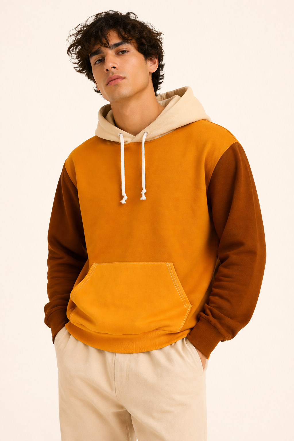 Gen Z male wearing the Tantrum Media Cinnamon Brown Unisex Hoodie.