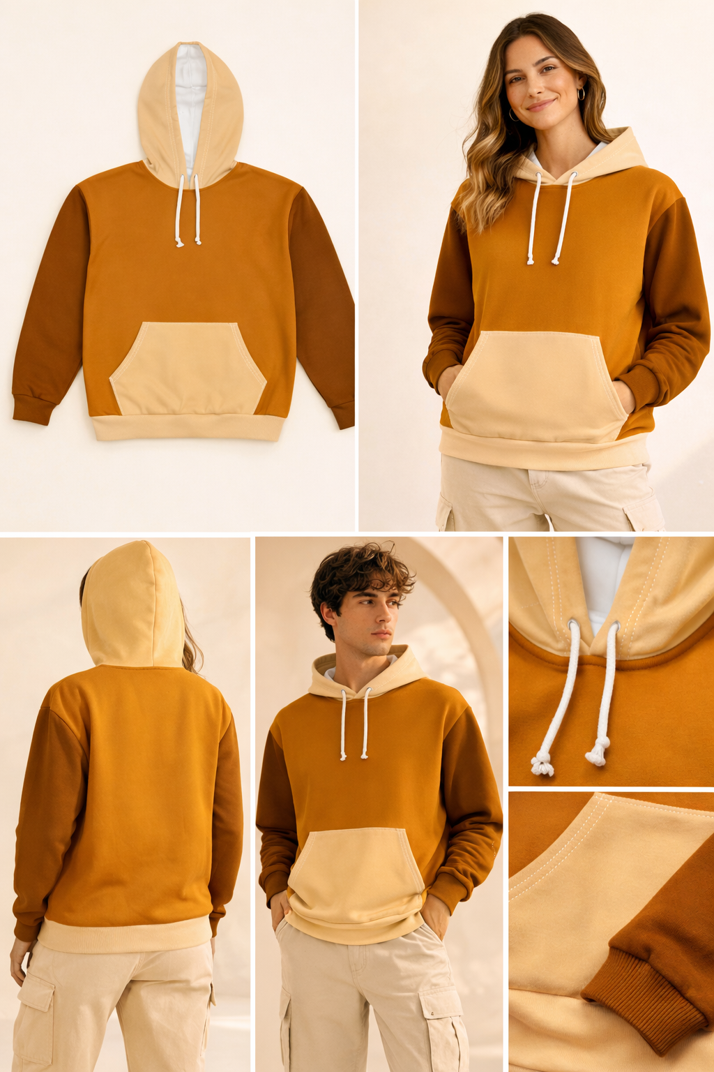 Complete product showcase of the Tantrum Media Cinnamon Brown Unisex Hoodie with multiple angles and lifestyle images.