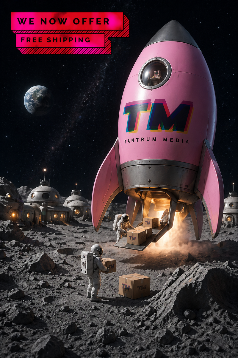 Cinematic promotional banner featuring a pink Tantrum Media rocket ship landing on the moon with astronauts unloading packages and a bold “We Now Offer Free Shipping” sign in neon pink.